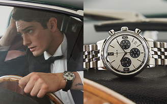 image shows a man driving with Marlin® Chronograph Tachymeter 40mm Stainless Steel Bracelet Watch on his wrist and Marlin® Chronograph Tachymeter 40mm Stainless Steel Bracelet Watch