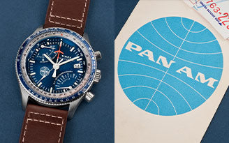 A watch on a blue background with the Pan Am logo to the right