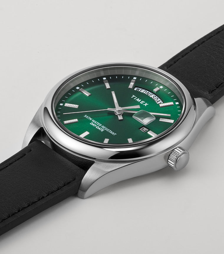 Timex Legacy Leather Strap Watch with Green Dial.