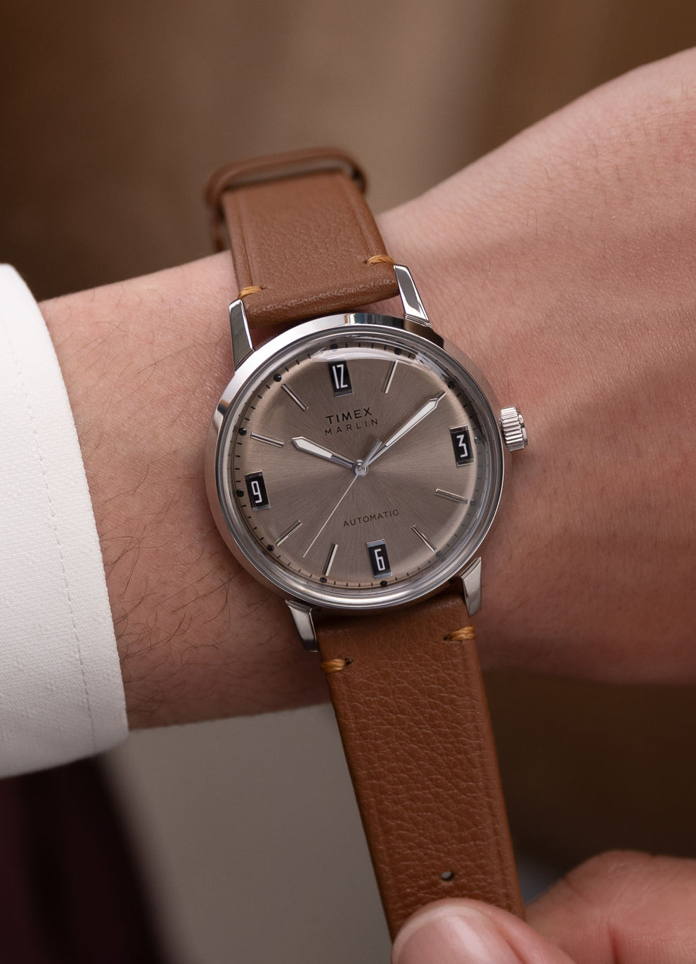 Marlin® Automatic Brown Leather Strap Watch in a Wrist.