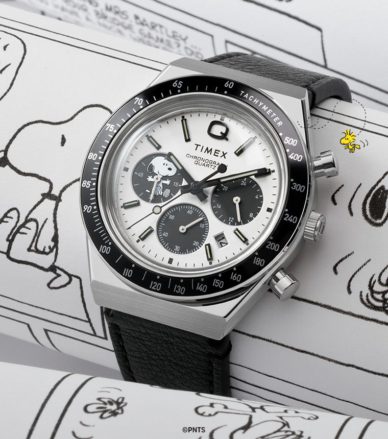 Q Timex Chronograph x Peanuts Snoopy Leather Strap Watch  