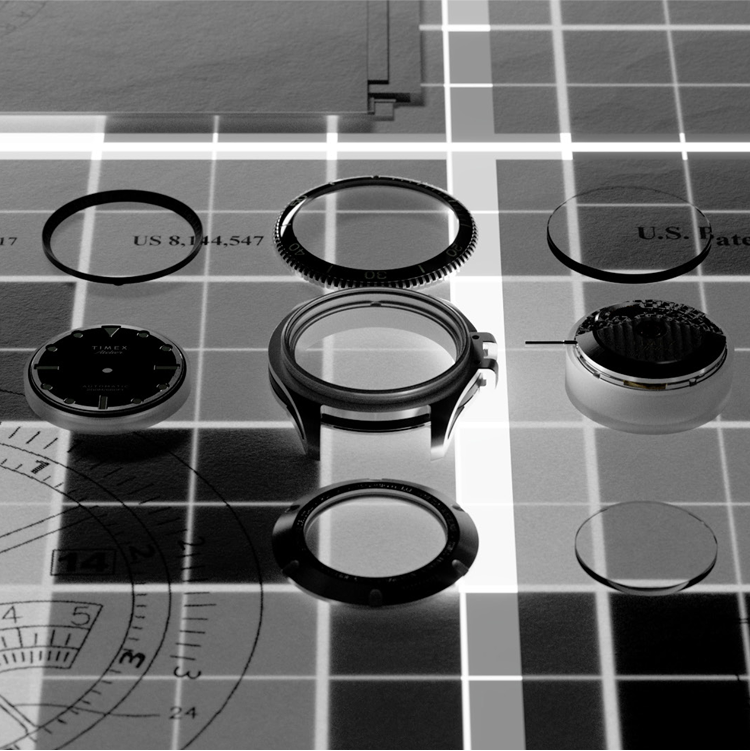 Disassembled components of the Timex Atelier GMT Automatic displayed on a technical blueprint grid, revealing intricate construction.