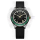 Front view of the Timex Atelier GMT Première M1a watch with a black dial, green GMT scale, and black rubber strap.