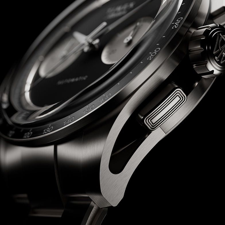Exhibition caseback of the Timex Atelier Chronograph Automatic M1a Ti revealing the Swiss-made automatic movement through a sapphire crystal display back.