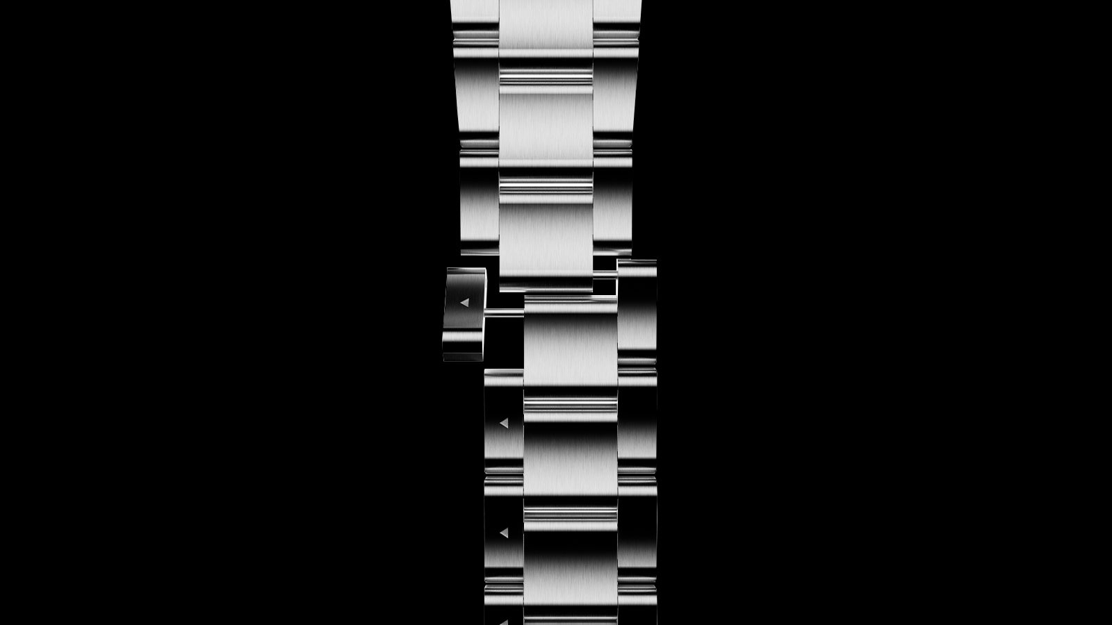 Close-up of Timex Atelier Chronograph Automatic Ti M1a titanium bracelet showing brushed links and adjustable clasp mechanism on black background