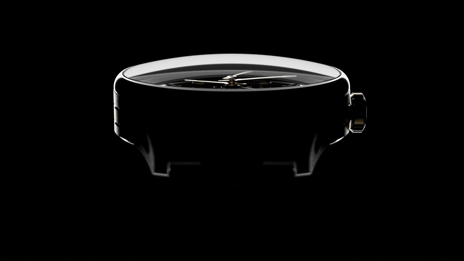 Perfil lateral que destaca el cristal abombado y la caja pulida del reloj Timex Atelier GMT Première M1a.