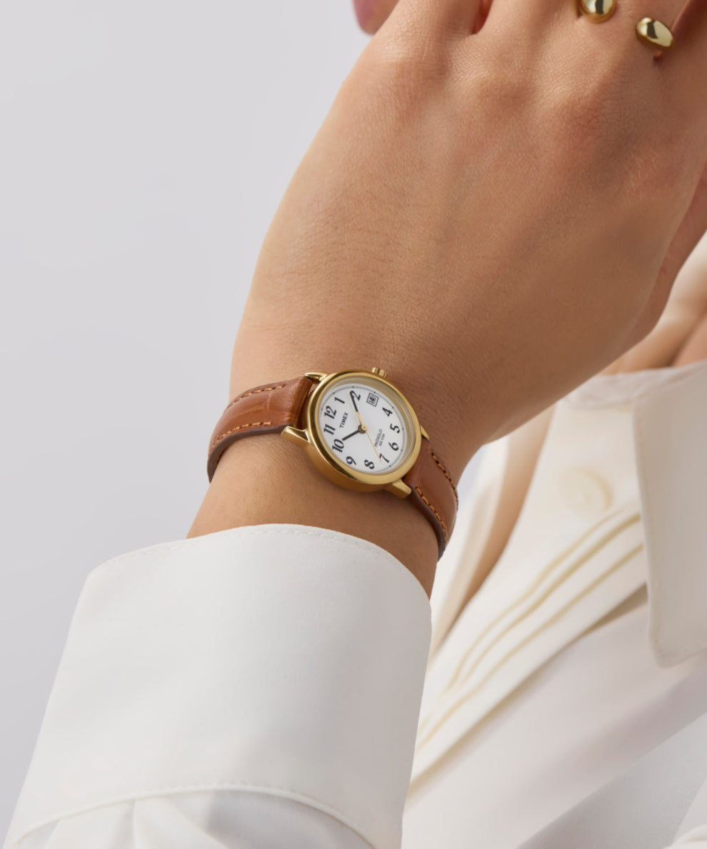 Timex Ladies Gold Watch Leather Strap Modern Easy Reader 32mm