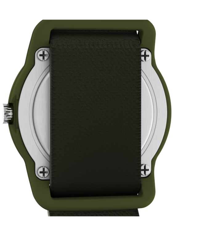 T78141 TIMEX TIME MACHINES® Reloj infantil de 29 mm con correa elástica de tejido de camuflaje verde. Imagen del fondo de la caja.