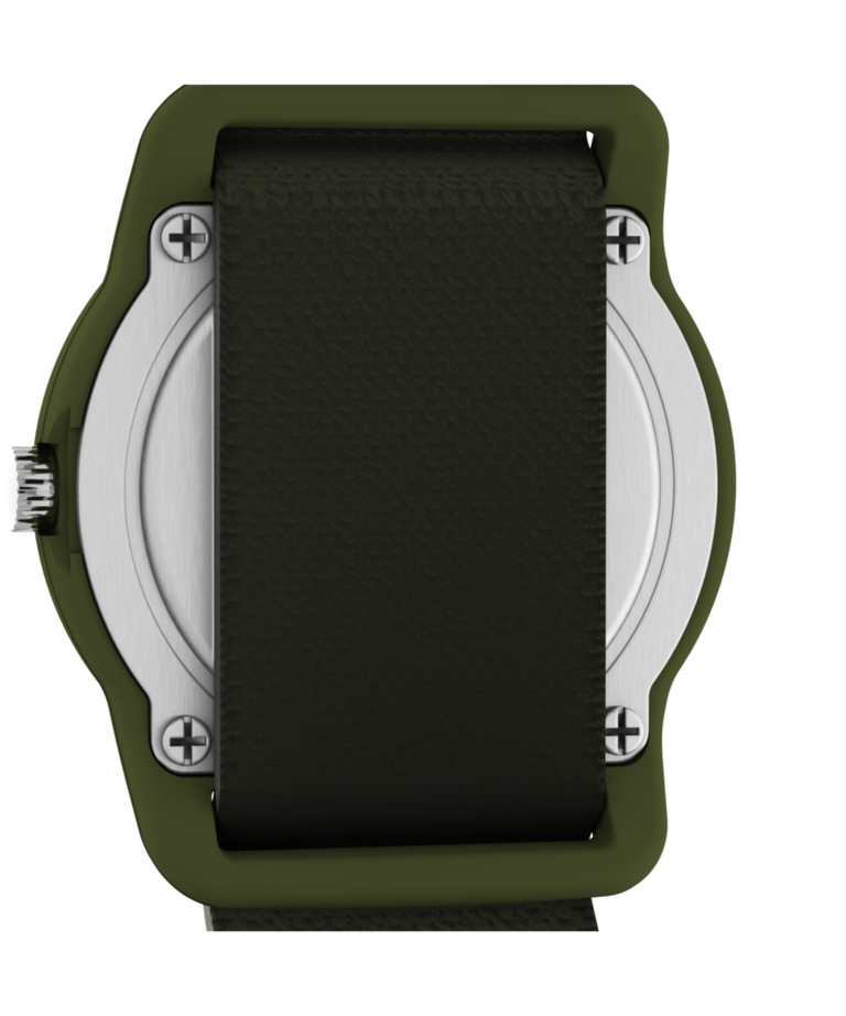 T78141 TIMEX TIME MACHINES® Reloj infantil de 29 mm con correa elástica de tejido de camuflaje verde. Imagen del fondo de la caja.
