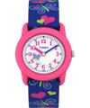 T89001 TIMEX TIME MACHINES® Reloj infantil de 29 mm con mariposas y corazones, de tela elástica azul. Imagen principal