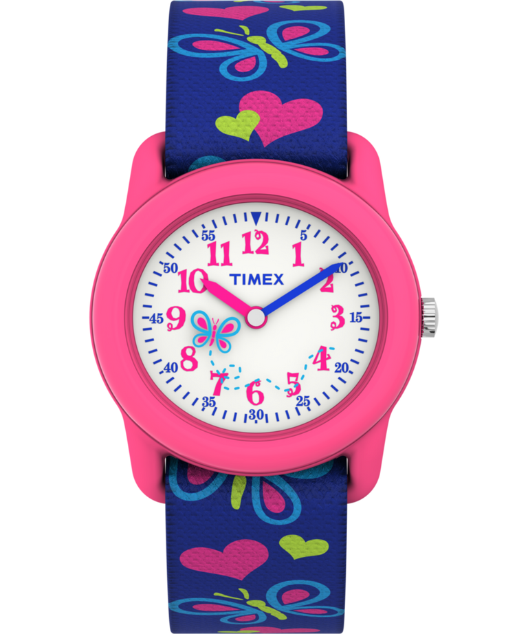 T89001 TIMEX TIME MACHINES® Reloj infantil de 29 mm con mariposas y corazones, de tela elástica azul. Imagen principal
