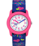 T89001 TIMEX TIME MACHINES® Reloj infantil de 29 mm con mariposas y corazones, de tela elástica azul. Imagen principal