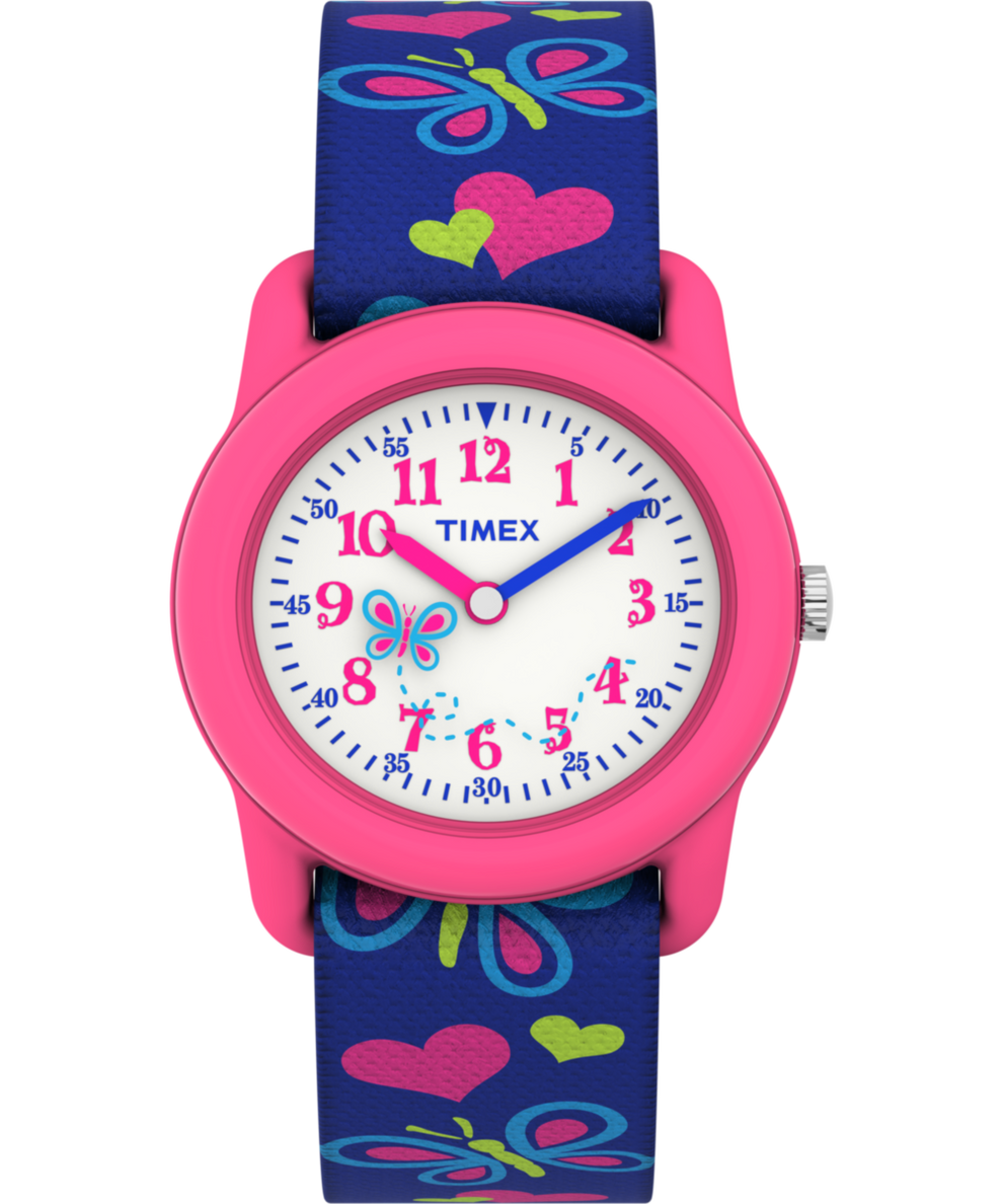 T89001 TIMEX TIME MACHINES® Reloj infantil de 29 mm con mariposas y corazones, de tela elástica azul. Imagen principal