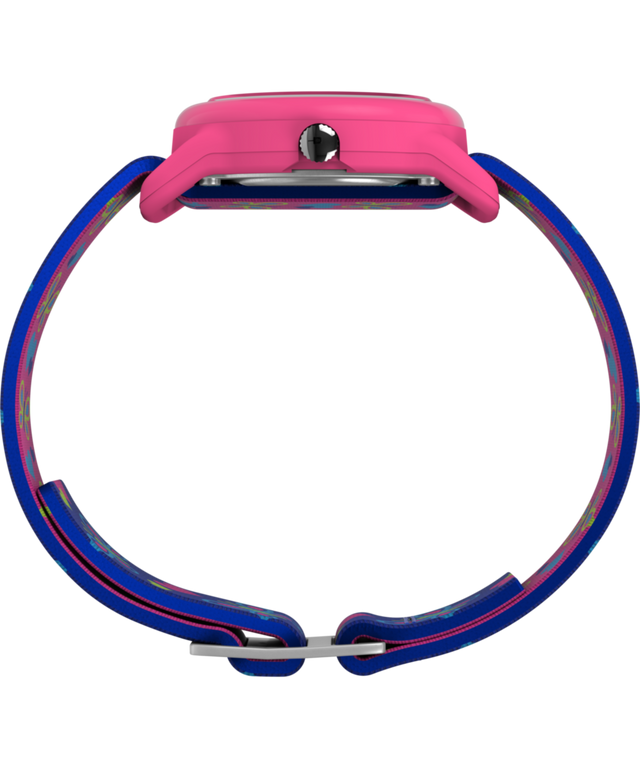 T89001 TIMEX TIME MACHINES® Reloj infantil de 29 mm con mariposas y corazones, de tela elástica azul. Imagen de perfil