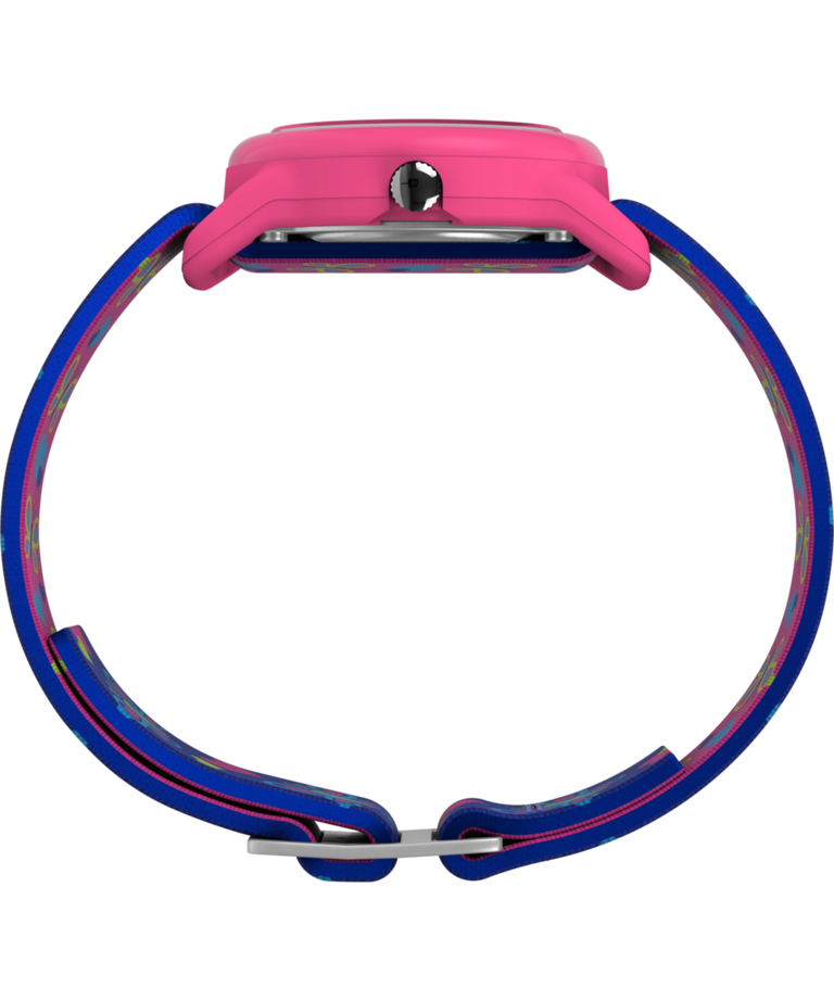 T89001 TIMEX TIME MACHINES® Reloj infantil de 29 mm con mariposas y corazones, de tela elástica azul. Imagen de perfil