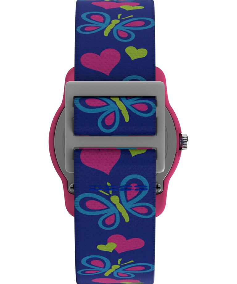 T89001 TIMEX TIME MACHINES® Correa para reloj infantil de tela elástica azul con mariposas y corazones, 29 mm. Imagen