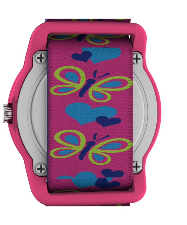 T89001 TIMEX TIME MACHINES® Reloj infantil de 29 mm con mariposas y corazones, de tejido elástico azul. Imagen del fondo de la caja.
