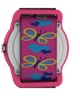 T89001 TIMEX TIME MACHINES® Reloj infantil de 29 mm con mariposas y corazones, de tejido elástico azul. Imagen del fondo de la caja.