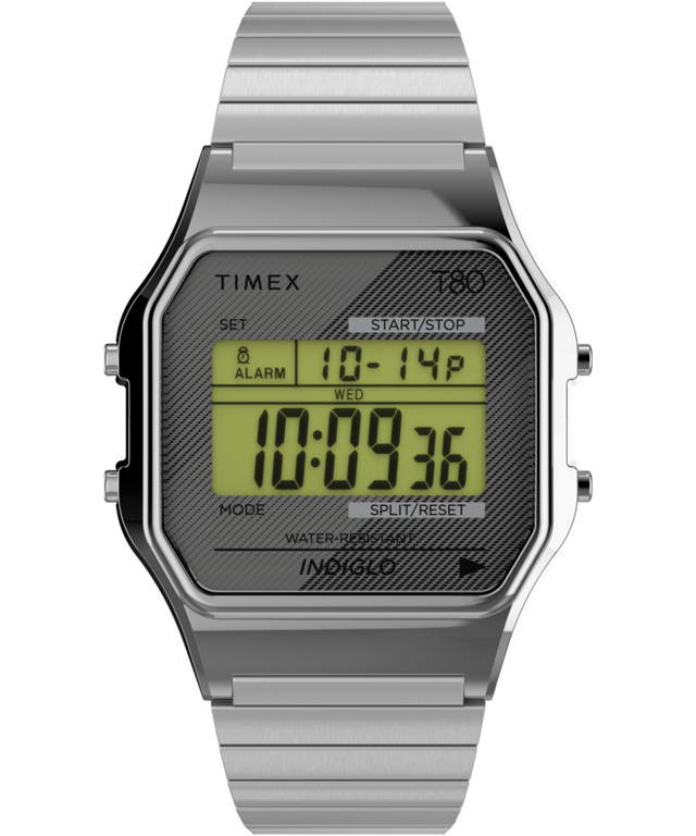 Imagen principal del reloj Timex T80 de 34 mm con correa elástica de acero inoxidable TW2R79100