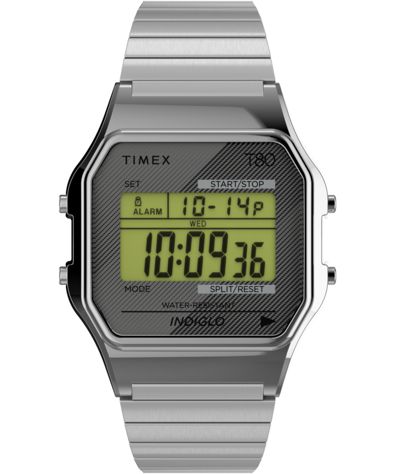 Imagen principal del reloj Timex T80 de 34 mm con correa elástica de acero inoxidable TW2R79100