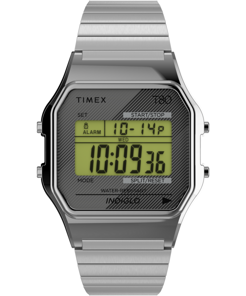Imagen principal del reloj Timex T80 de 34 mm con correa elástica de acero inoxidable TW2R79100