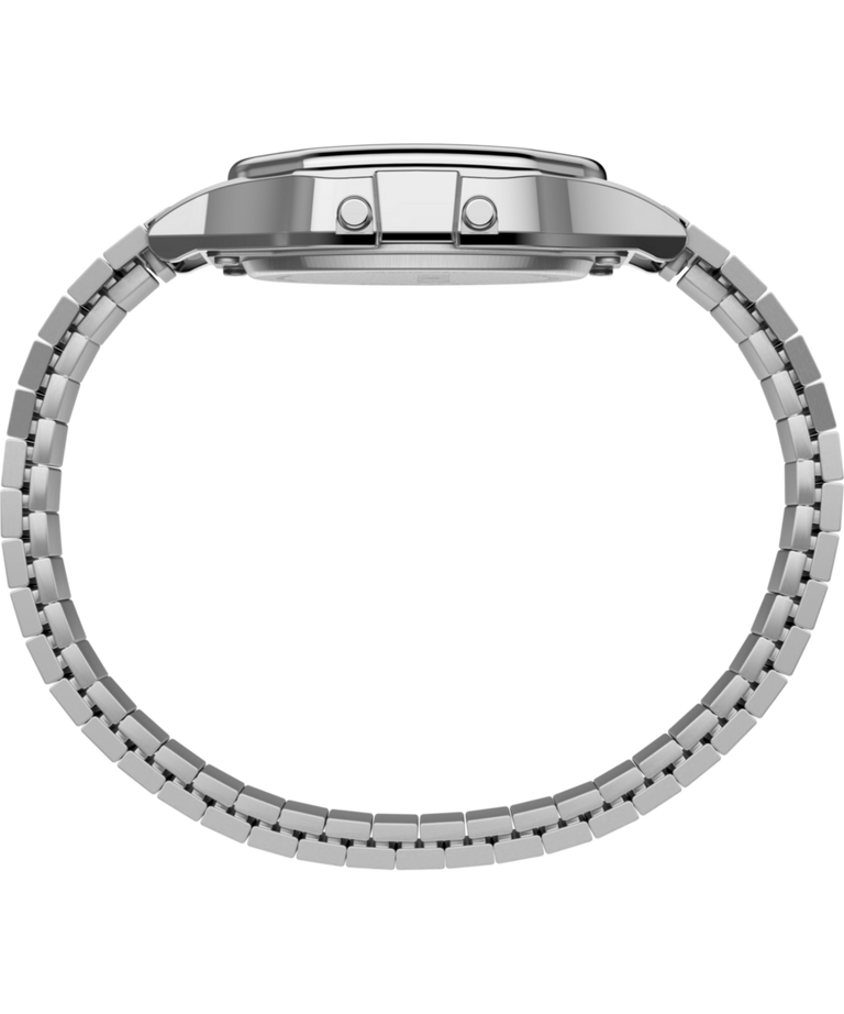 Imagen de perfil del reloj Timex T80 de 34 mm con correa elástica de acero inoxidable TW2R79100