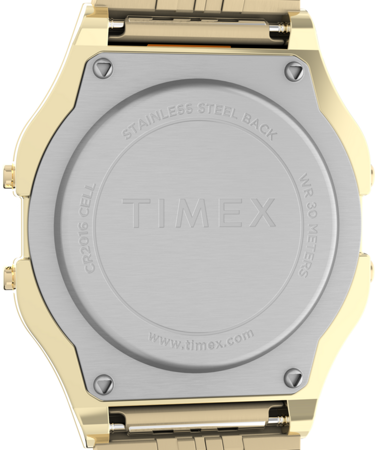 TW2R79200 Timex T80, reloj de 34 mm con brazalete de acero inoxidable. Imagen del fondo de la caja.