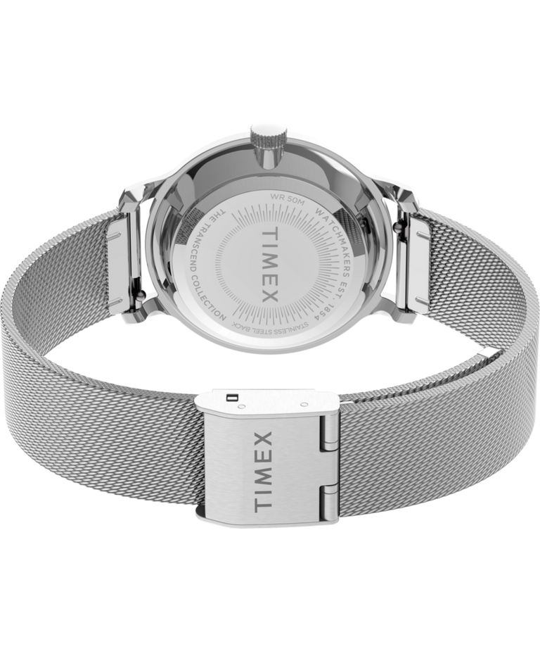 TW2U92900 Transcend™: imagen del fondo de la caja de un reloj con correa de malla de acero inoxidable de 31 mm y su accesorio