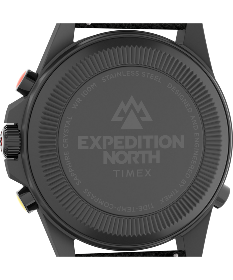 TW2V03900 Expedition Tide-Temp-Compass, reloj de 43 mm con correa de tejido ecológico. Imagen del fondo de la caja.