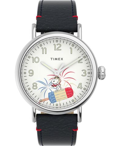 TW2V60500 Timex Standard x Peanuts Featuring Snoopy Fireworks 40mm Leather Strap Watch Primary Image