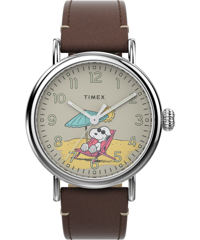 TW2V61200 Peanuts® x Timex Standard: reloj de 40 mm con correa de piel y Snoopy en la playa. Imagen principal