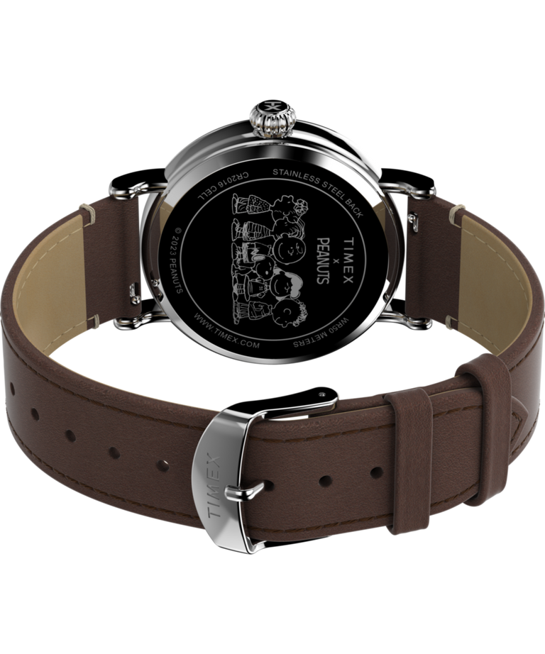 TW2V61200 Peanuts® x Timex Standard: reloj de 40 mm con correa de piel y Snoopy en la playa. Imagen del fondo de la caja con el accesorio.