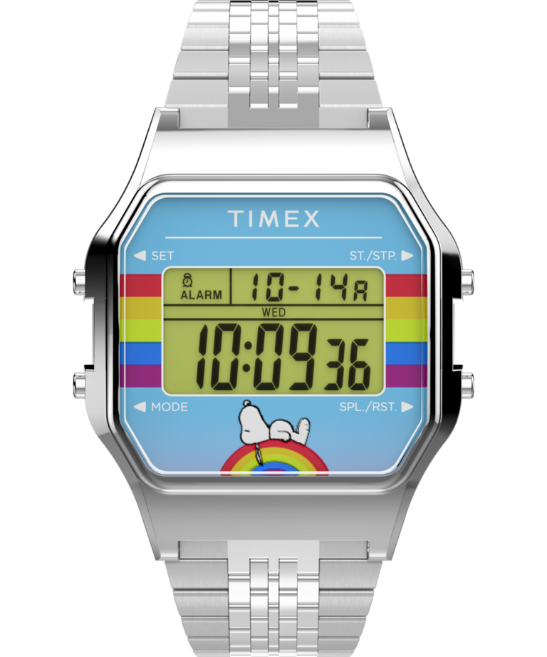 Imagen principal del reloj con brazalete de acero inoxidable Peanuts® x Timex 80 Dream in Color de 34 mm TW2V61300