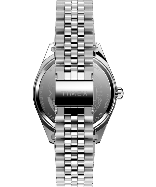 TW2V67900 Timex Legacy con día y fecha, 41 mm, correa de acero inoxidable. Imagen de la correa del reloj