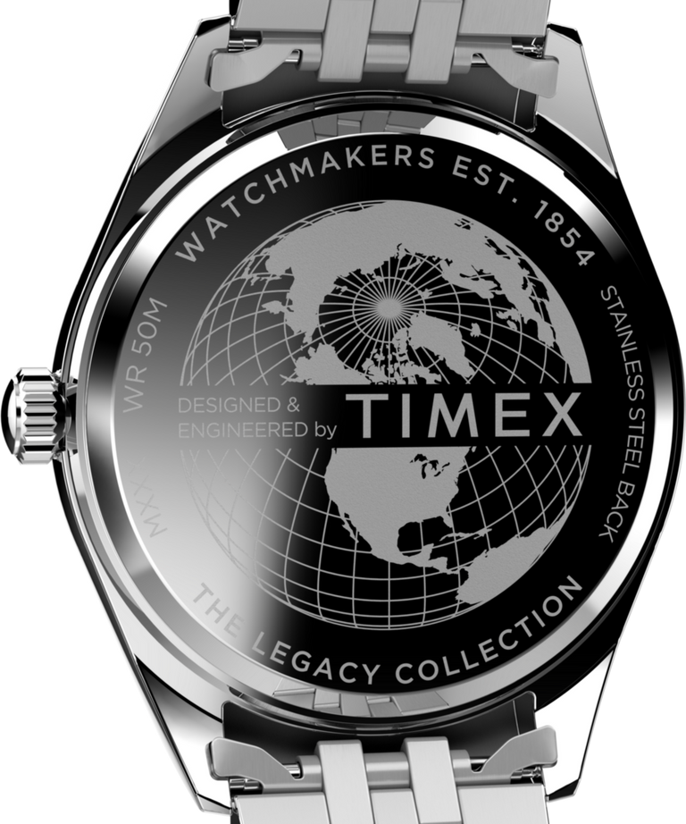 TW2V67900 Timex Legacy con día y fecha, reloj de 41 mm con brazalete de acero inoxidable. Imagen del fondo de la caja