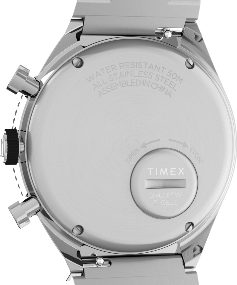 TW2V69800 Q Timex 3-Time Zone Chronograph 40mm Stainless Steel Bracelet Watch Caseback Image