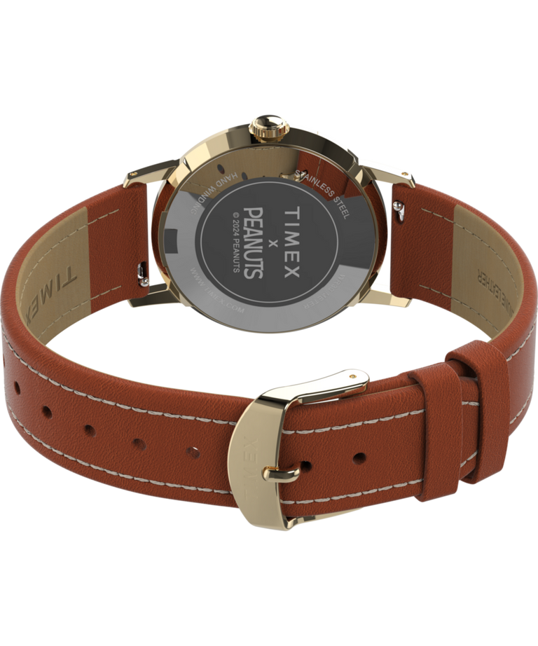 TW2V88800 Peanuts® x Timex Marlin® Hand-Wound Snoopy Tennis 34mm Leather Strap Watch Caseback with Attachment Image