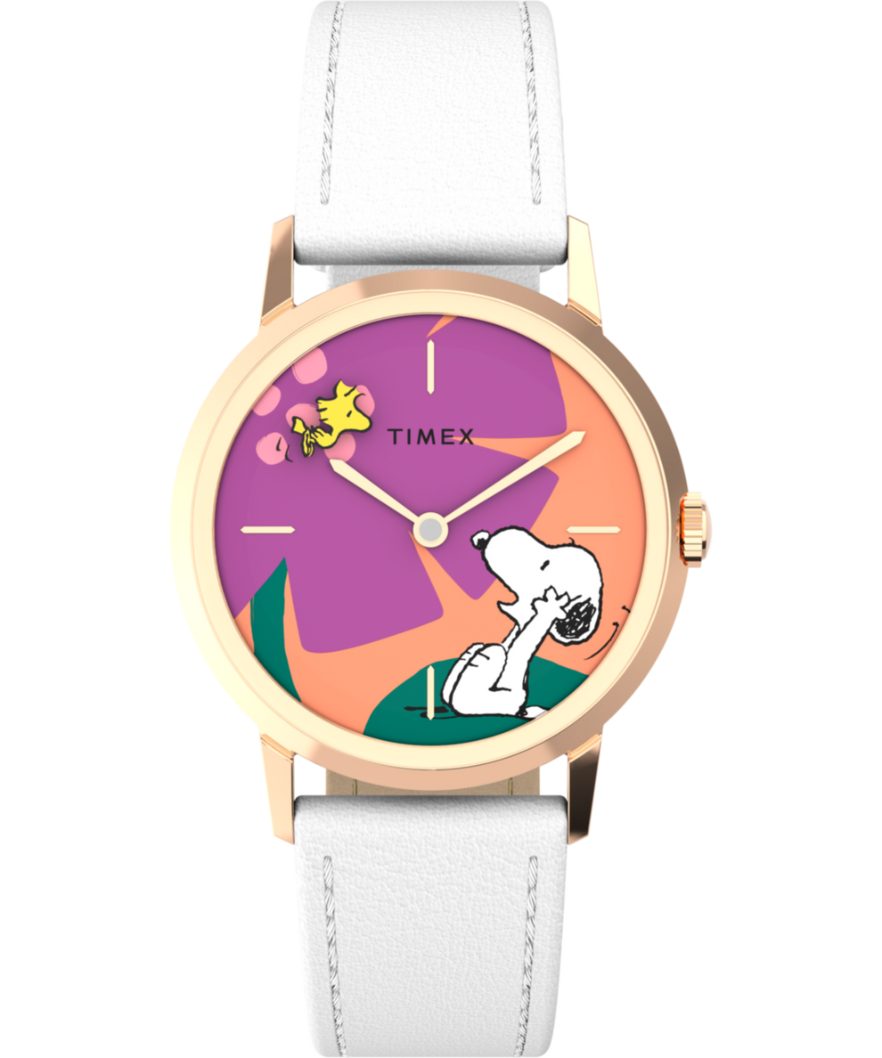 Marlin Handwind 34mm Rose Gold-tone Case Snoopy Floral Dial White Stra ...