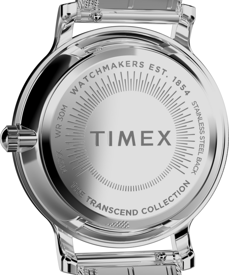 TW2W19100 Imagen del fondo de la caja del reloj Transcend con brazalete de malla de 34 mm