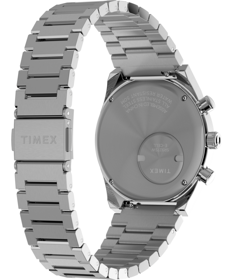 TW2W33700 Q Reloj Timex Falcon Eye Cronógrafo de 40 mm con brazalete de acero inoxidable. Imagen del fondo de la caja con accesorio.