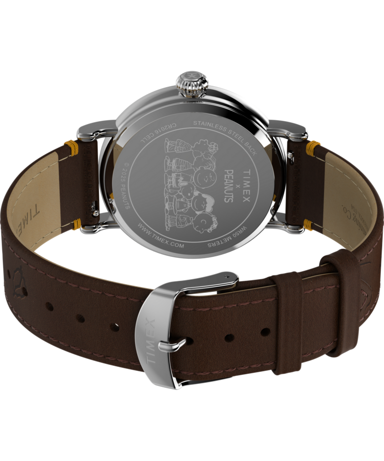 TW2W44300 Peanuts® x Timex Standard Thanksgiving, reloj de 40 mm con correa de piel: imagen del fondo de la caja con accesorio