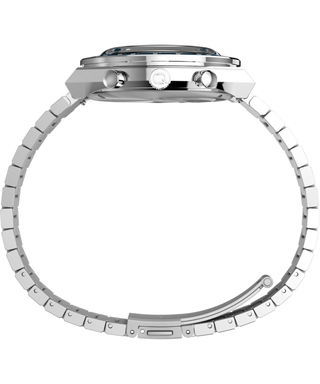 TW2W51600 Q Reloj cronógrafo Timex de 40 mm con brazalete de acero inoxidable. Imagen de perfil