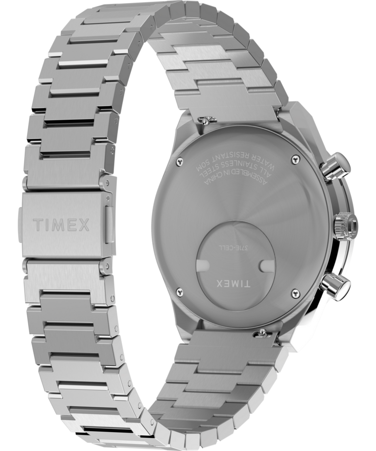 TW2W51600 Q Reloj cronógrafo Timex de 40 mm con brazalete de acero inoxidable. Imagen del fondo de la caja con accesorio.