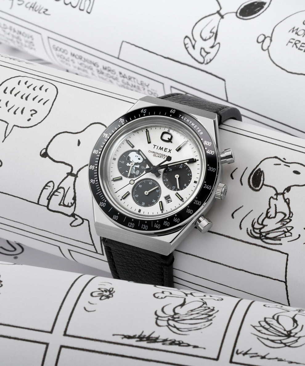 TW2W68900 Q Timex Chronograph x Peanuts Snoopy 40mm Leather Strap Watch   Campaign Key Silhouettes (Beauty shots) Image