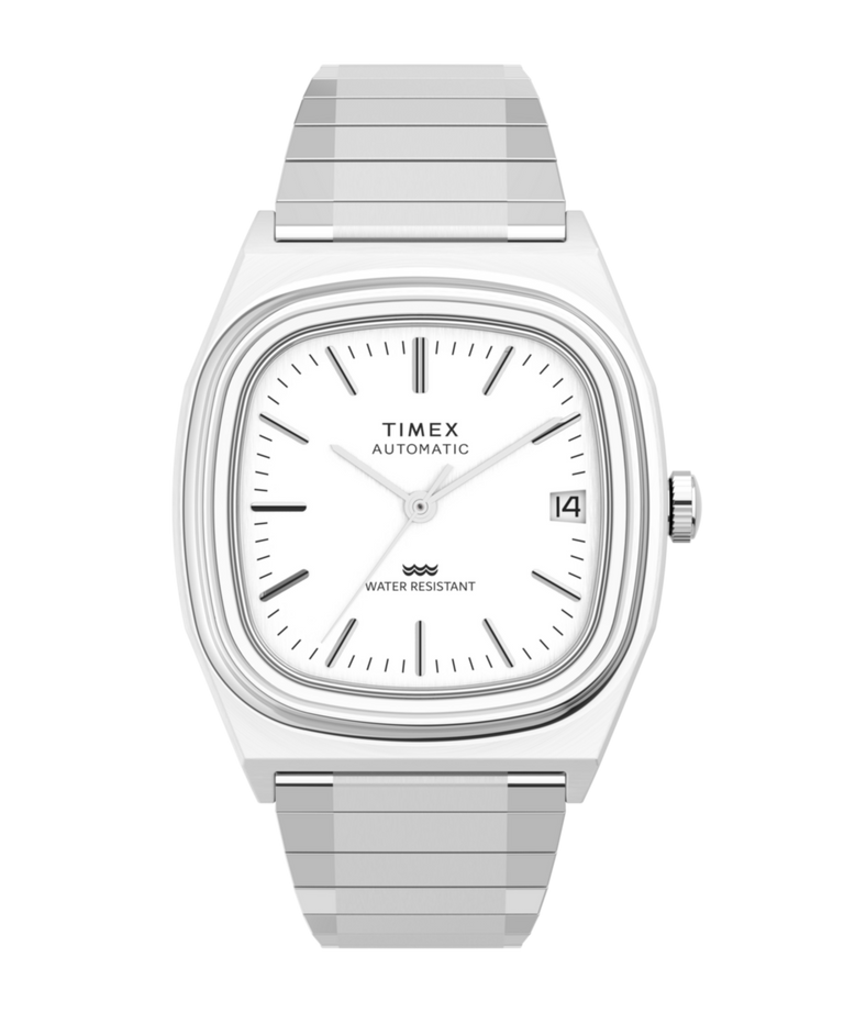 Imagen principal del reloj Timex® Automatic 1983 E Line Reissue de 34 mm con correa elástica de acero inoxidable TW2W70800