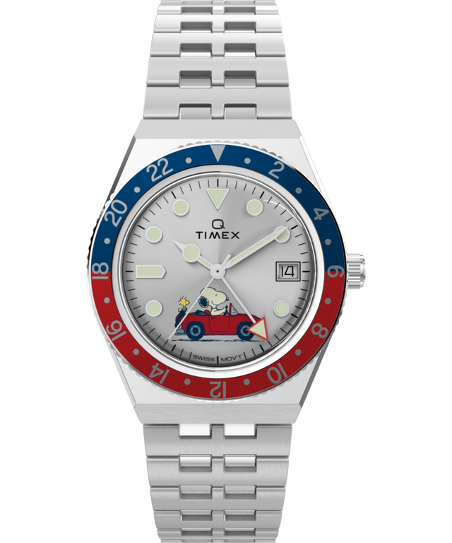 TW2W83300 Peanuts® x Q Timex® GMT, reloj de 38 mm con brazalete de acero inoxidable. Imagen principal