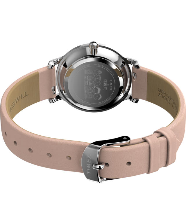 TW2W85100 Timex x Peanuts® Transcend In Bloom 34mm Leather Strap Watch Caseback with Attachment Image
