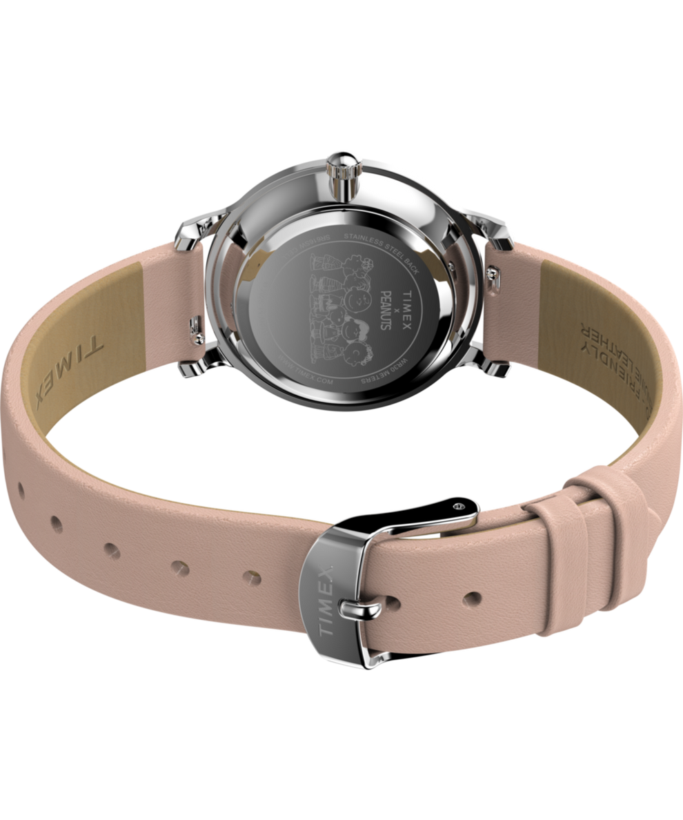 TW2W85100 Timex x Peanuts® Transcend In Bloom 34mm Leather Strap Watch Caseback with Attachment Image