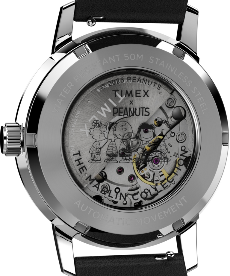 TW2W87200 Peanuts® x Timex Marlin® Automatic Space, reloj de 40 mm con correa de piel: imagen del fondo de la caja
