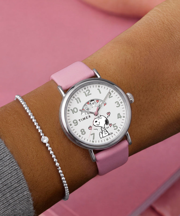 TW2W88900 Peanuts x Timex Standard Valentine's 40mm Leather Strap Watch Primary Wrist Image